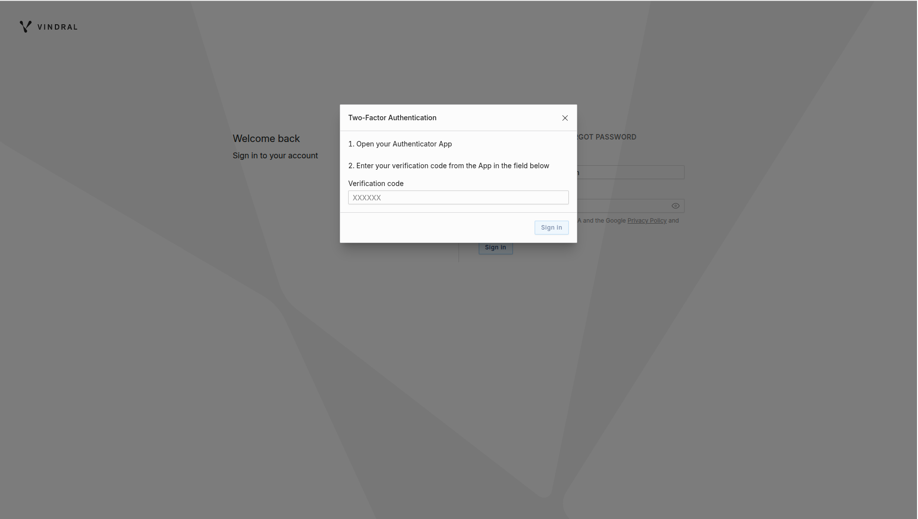 Vindral Portal - 2FA Login