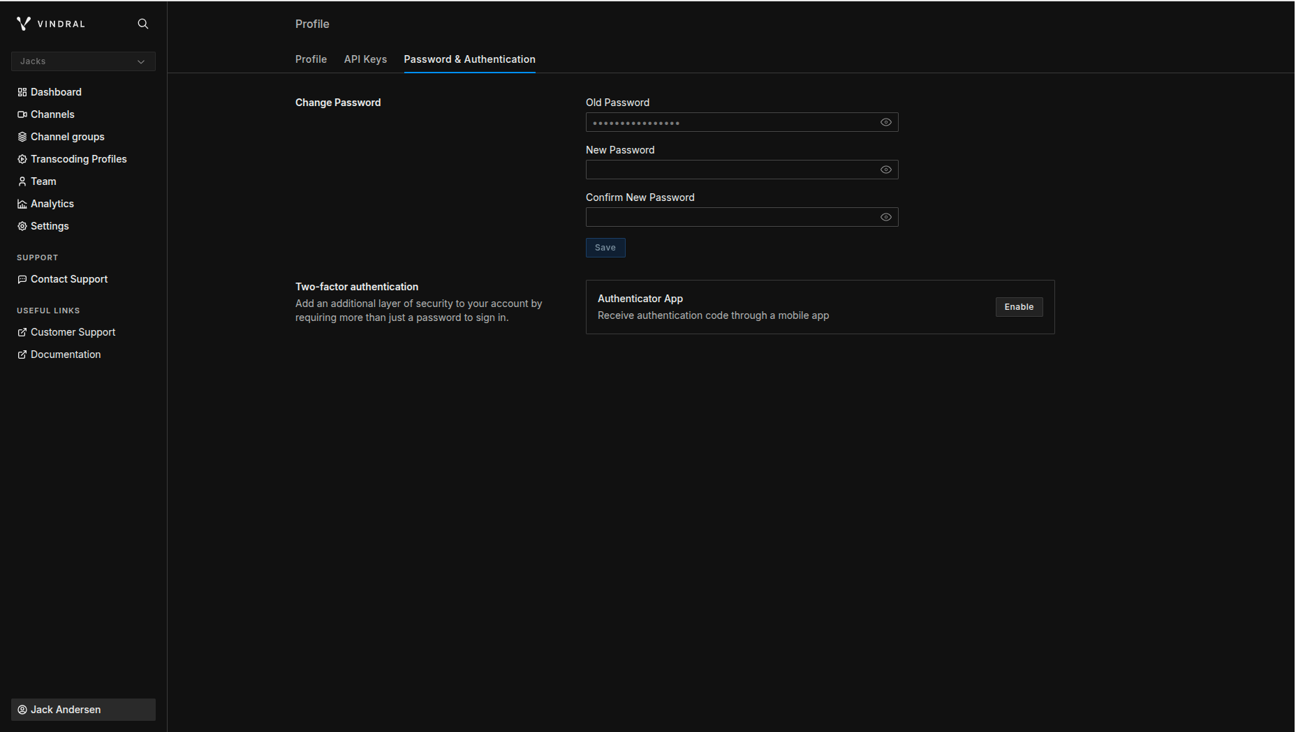 Vindral Portal - Account Settings
